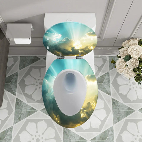 Toilet Seat Elongated Quick Release Bathroom with cloud design, 14.5" x 18.5", installed on a toilet.