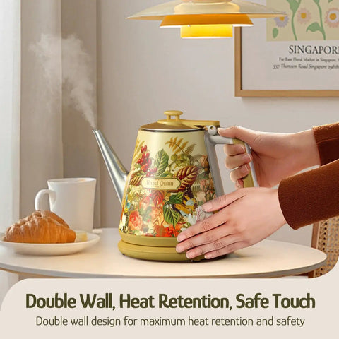 Retro 1L Electric Kettle Cordless 800W Fast Boil Double Wall 304 Stainless Steel BPA Free Auto Shut Off, floral design