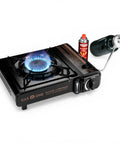 10,000 BTU Dual Fuel Camp Stove for Butane and Propane Portable Outdoor Grill with fuel canisters, blue flame on burner