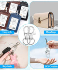 Tough As Nails Zinc Alloy Swivel Snaps Bulk 100 Count Lobster Clasp Hooks for Lanyards, Keyrings, and Crafts displayed with ID cards and handbags.