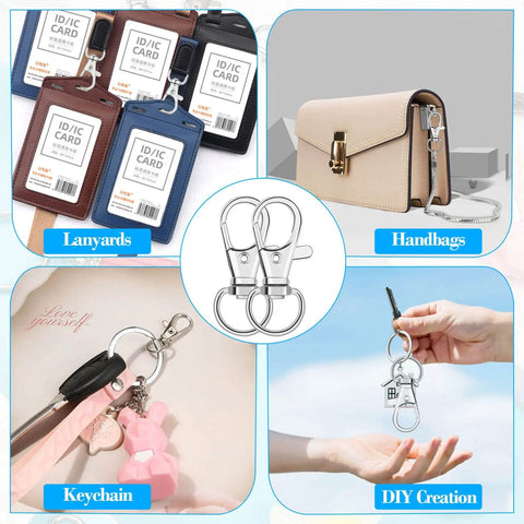 Tough As Nails Zinc Alloy Swivel Snaps Bulk 100 Count Lobster Clasp Hooks for Lanyards, Keyrings, and Crafts displayed with ID cards and handbags.