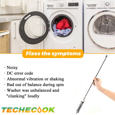 Heavy Duty Washer Suspension Rods Kit Four Pack Replace W10780045 W10537442 For Whirlpool Kenmore Maytag Amana shown with symbols of washer issues.