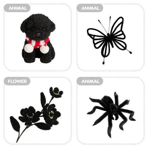 Multicolor Pipe Cleaners Chenille Stem Set 200 DIY Craft Supplies For Arts And Crafts School Projects And Festive Decor 10 Vibrant Colors With Soft Wire Cores And Durable Polyester Build, black animal and flower shapes