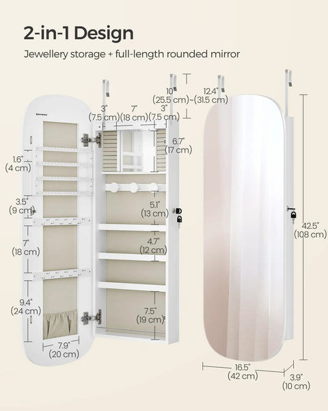 LED Jewelry Cabinet Organizer With Lockable Door And Wall Mount Rounded Wide Mirror Hidden Jewelry Storage Interior Mirror 3.9 x 16.5 x 42.5 Inches Open View
