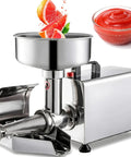 Fresh 450 Watt Electric Tomato Sauce Maker With Powerful Motor For Smooth Strawberry Jam And Puree showcasing stainless steel body with fruits being processed.