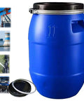 Rugged Blue Heavy Duty Plastic Water Storage Drum With Airtight Lid Beefy Food Grade Rain Barrel for camping.