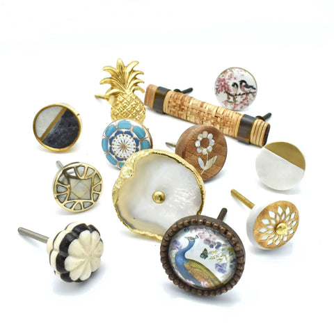 Antique Brass Cabinet Knob And Pull Set For Cabinets And Dressers, Animal Woodland Style Kitchen Knobs, Easy Install With Included Bolts, Rust Resistant Hardware, Two Pack, assorted decorative cabinet knobs on white background