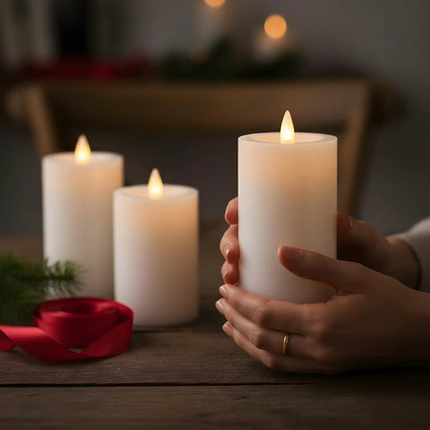 Flameless Pillar Candles Set Of 3 With Remote And Timer, Battery Operated LED Candles With Real Wax Look, 3D Moving Flame, Ivory in hands