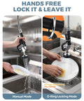 Hands-free operation of Pro Workhorse Commercial Sink Sprayer Head Drops Raw Pressure For Lightning Fast Rinse Downs And Stubborn Grease Removal Over Standard Kitchen Faucet Threads.