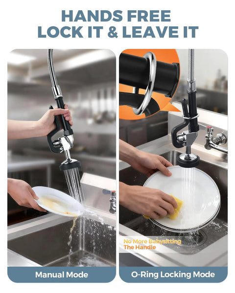 Hands-free operation of Pro Workhorse Commercial Sink Sprayer Head Drops Raw Pressure For Lightning Fast Rinse Downs And Stubborn Grease Removal Over Standard Kitchen Faucet Threads.