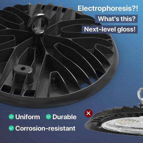 Close-up of UFO LED High Bay Light 150W 19500LM Shop Lights With 6 Foot Plug 5000K IP65 showing corrosion-resistant material