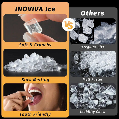 Comparison of nugget ice and regular ice with text highlighting soft, crunchy, slow-melting, and tooth-friendly features.