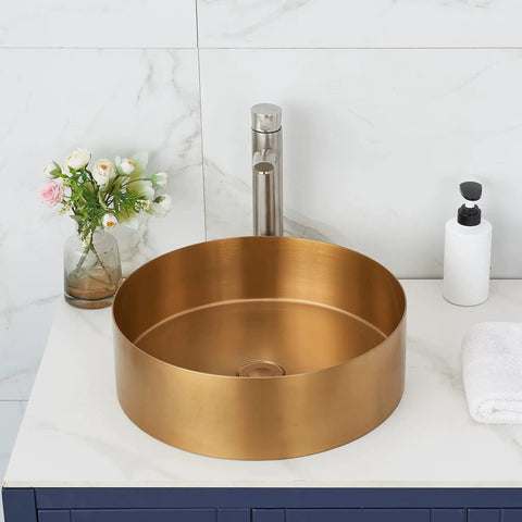Gold Round Vessel Sink With Nano Titanium Plating Finish, 15.75 X 15.75 Inch T304 Stainless Steel Handmade Bathroom Sink on vanity