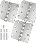 Heavy Duty Premium Stainless Steel Door Hinges Built Tough With Top Tier Ball Bearing Action So You Cannot Even Hear Them Moving While Securing Doors Perfectly With 3 Pack, showing three 100 mm hinges and screws.