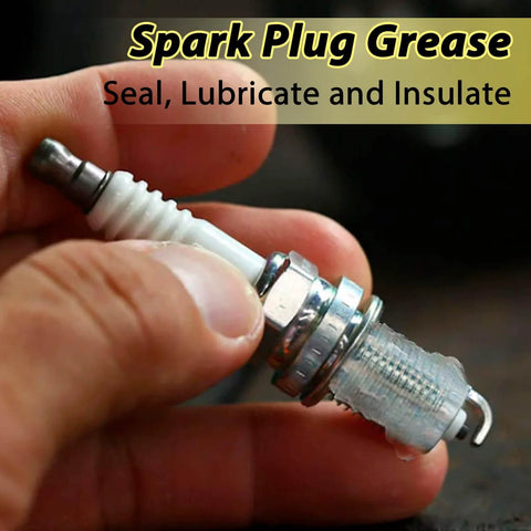 Person holding spark plug with dielectric grease applied, highlighting use for electrical connectors and spark plug boots.