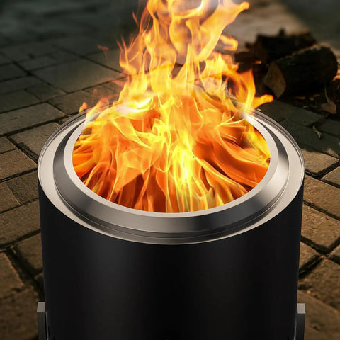 Stainless Steel Smokeless Fire Pit 19.5 Inch Outdoor Bonfire with vivid flames, ideal for backyard and camping use.