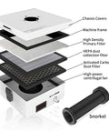 Exploded view of Heavy Duty Solder Fume Extractor with 3 stage filter and top notch suction, showing layers and snorkel attachment.