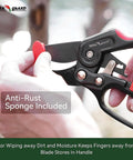 Ratchet Pruning Shears For Gardeners, 3x Cutting Power shown with anti-rust sponge, ergonomic grip for easy garden pruning