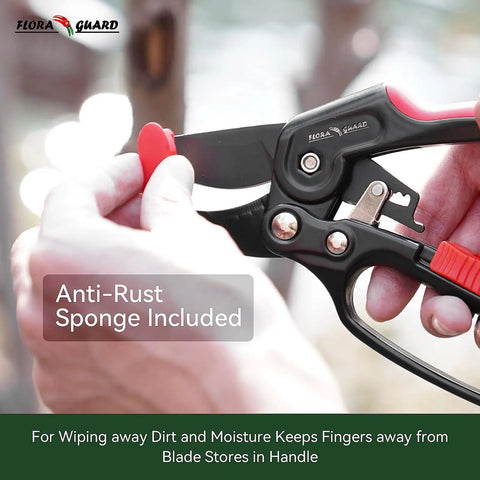 Ratchet Pruning Shears For Gardeners, 3x Cutting Power shown with anti-rust sponge, ergonomic grip for easy garden pruning