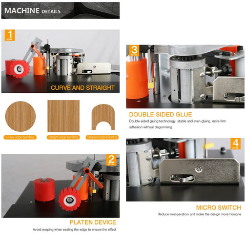 Portable Benchtop Edge Banding Machine for woodworking with double-sided gluing, pulley system, automatic cutting, desktop manual view