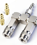All In One 2 Way Air Hose Splitter Kit With One Quarter Inch NPT Male Quick Connect Adapters 360 Degree Swivel Nickel Plated Fittings