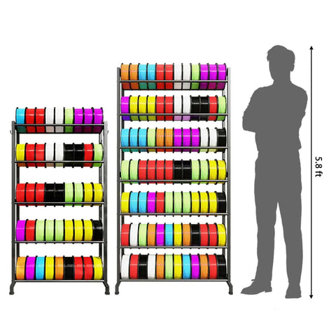 Heavy Duty 5 Tier Filament Storage Rack For 3D Printing Pros With Large Capacity Holds 40 Plus 1Kg ABS PLA TPU Nylon Spools Keeping Your Filament Organized And Ready For Biz Builds Stackable Metal Rack For Makers next to human silhouette