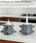 Two silicone garlic peeler attachments for cylindrical electric meat grinders on kitchen counter, showing different sizes, 4 pound capacity