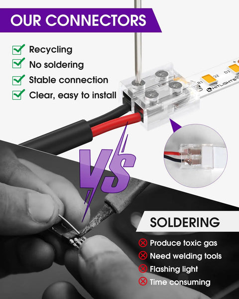 2 Pin 8mm LED Strip Connector Solderless Kit For 12V 24V White Single Color Tape Lights, Transparent LED Strip Connectors With Screwdriver, Easy Strip To Wire, Compatible With Most SMD LED Tape Light Strips. transparent screw terminal connector on LED strip with wire