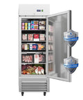 Rock Solid 27 Inch Commercial Reach In Freezer Delivers 23 Cubic Feet Of Smooth Stainless Steel Cooling With Smart Fan Chiller Plus No Sweat Digital Temp Control And Heavy Duty Roll Casters For Restaurant Setup, open showing various frozen foods.