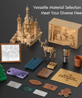 Ray5 20W Pro Grade Laser Engraver And Cutter DIY projects with engraved wood and metal items, including models and phone cases.