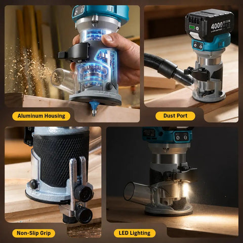 Cordless Jigsaw And Wood Router Kit For Precise Cuts And Edge Shaping With A Brushless Router, Dual 4.0Ah Batteries, Quick Setup, Smooth Finish, All In One Woodworking Power Pack, aluminum housing and dust port