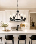 Six Light Farmhouse Wagon Wheel Chandelier for Dining Room and Kitchen Island Pendant Lights in Modern Black Industrial Rustic Metal