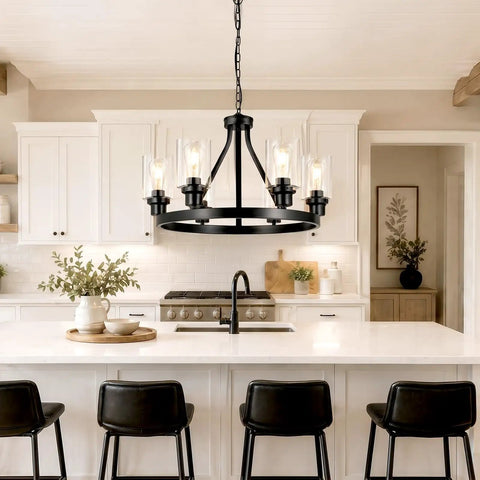 Six Light Farmhouse Wagon Wheel Chandelier for Dining Room and Kitchen Island Pendant Lights in Modern Black Industrial Rustic Metal