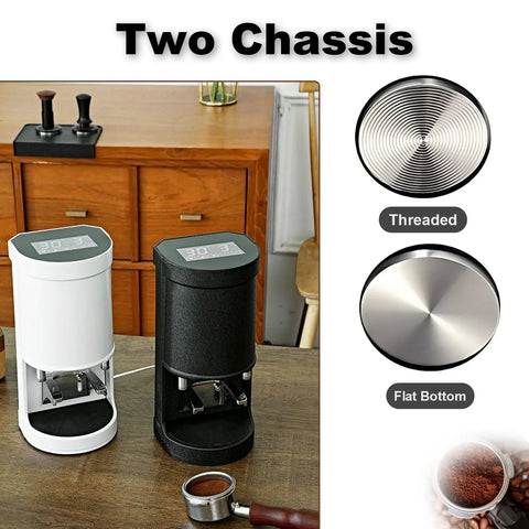 Heavy Duty Electric Coffee Tamper, Auto Sensing Espresso Press with two color options on display for diverse coffee brewing needs.