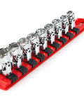 One Quarter Inch Drive Six Point Universal Joint Socket Set With Rail, Nine Piece, Six Through Fourteen Millimeter on red rail