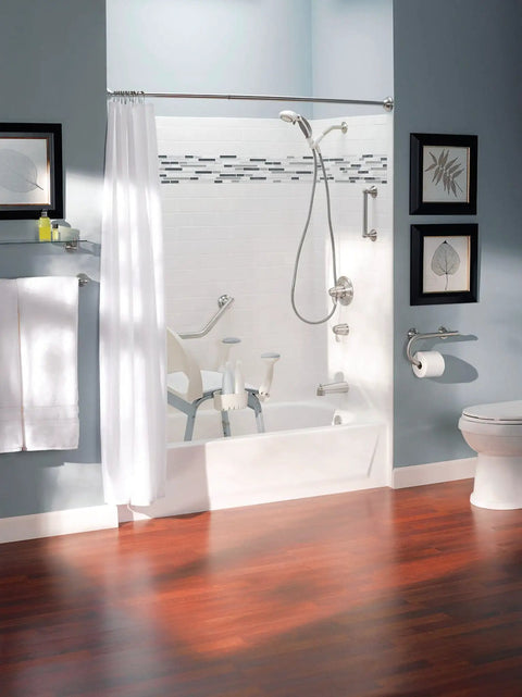 Wall Mounted Bathroom Grab Bar With Integrated Toilet Paper Holder Providing Rock Solid Grip And Dead Simple Setup In Sleek Brushed Nickel in bathroom setting.
