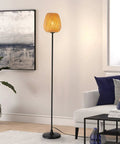 Japanese Style Bamboo Floor Lamp With Handwoven Rattan Shade in living room, modern black metal legs, no E26 bulb included