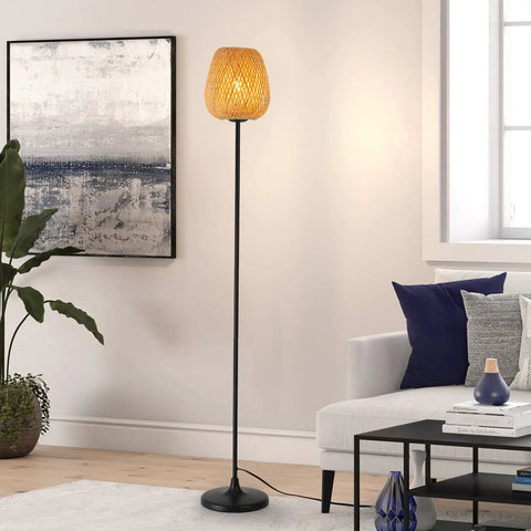 Japanese Style Bamboo Floor Lamp With Handwoven Rattan Shade in living room, modern black metal legs, no E26 bulb included