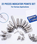 Front view of a dial indicator with 22-piece indicator point set; assorted silver metal tips and blue storage case