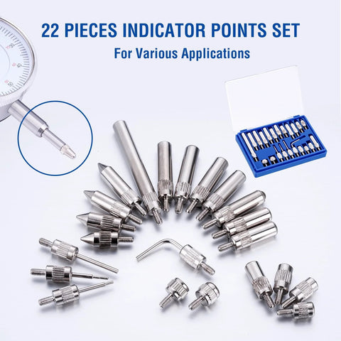Front view of a dial indicator with 22-piece indicator point set; assorted silver metal tips and blue storage case