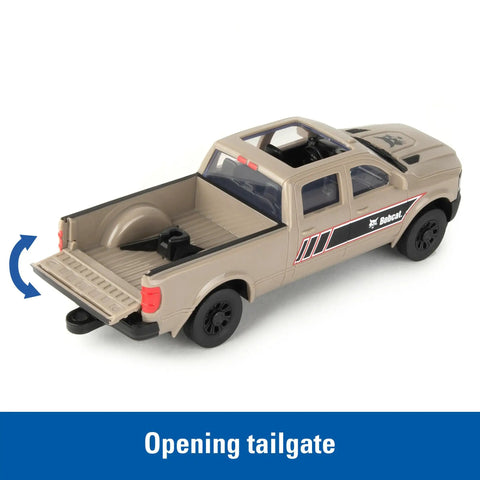 One Thirty Two Scale Die Cast Skid Steer And Pickup Truck Construction Toy Set With Trailer And Cones Plus Worker Figure For Indoor And Outdoor Play Ages Three And Up showing a tan pickup with an opening tailgate