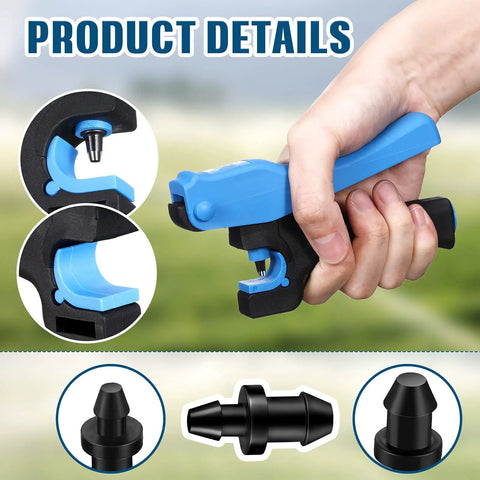 Hand using Drip Irrigation Hole Punch Tool Set With Fifty Goof Plugs And One Punch Tool for backyard garden hose tubing.