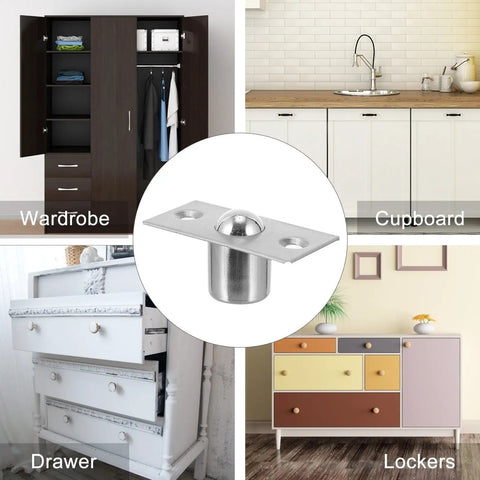 4 Pack Heavy Duty Stainless Steel Door Ball Catch Strikes With Secure Closure Silver Finish For Cabinet Closet And Van Camper Doors Rust Proof And Durable Latch Hardware For Home Improvement Projects displayed with various furniture.