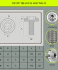 Ultra Lightweight Titanium Bolts M6 X 10 M6x10 with T30 Torx detailed diagram showing dimensions and design for cycling frames.