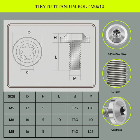 Ultra Lightweight Titanium Bolts M6 X 10 M6x10 with T30 Torx detailed diagram showing dimensions and design for cycling frames.