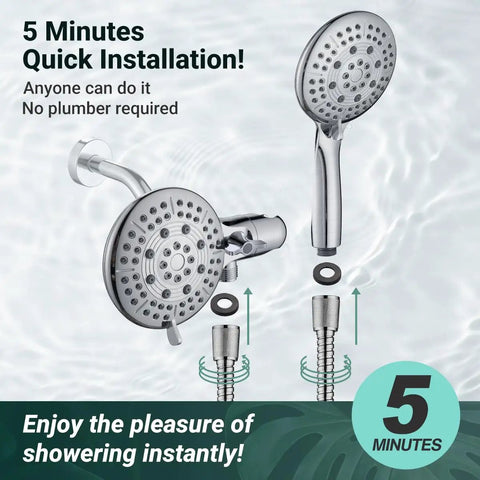 Dual Shower Head Combo 2-in-1 Water Saving System With 59-Inch Stainless Steel Hose, showing easy installation steps.