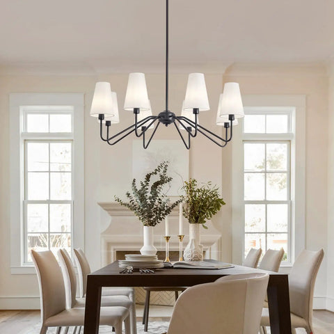 Eight Light Black Farmhouse Chandelier With White Linen Shades in dining room with table and chairs, adjustable height, sloped ceiling adapter
