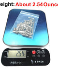 Bag of fifty piece set screws one quarter twenty threads by three eighths inch 304 stainless steel on scale reading 2.54 oz