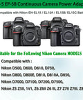 Image of Nikon DSLR cameras compatible with EN-EL15 Dummy Battery And Power Supply Kit For Nikon Cameras EP-5B AC Adapter.