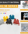 DIN Rail Terminal Block Kit Set With 20 UK2.5B 12 AWG Terminal Blocks 20A 600V Ground Blocks Jumpers End Covers End Brackets Marker Strips And Rail Mount Bundle For Quick Electrical Wiring featuring colorful terminal blocks.